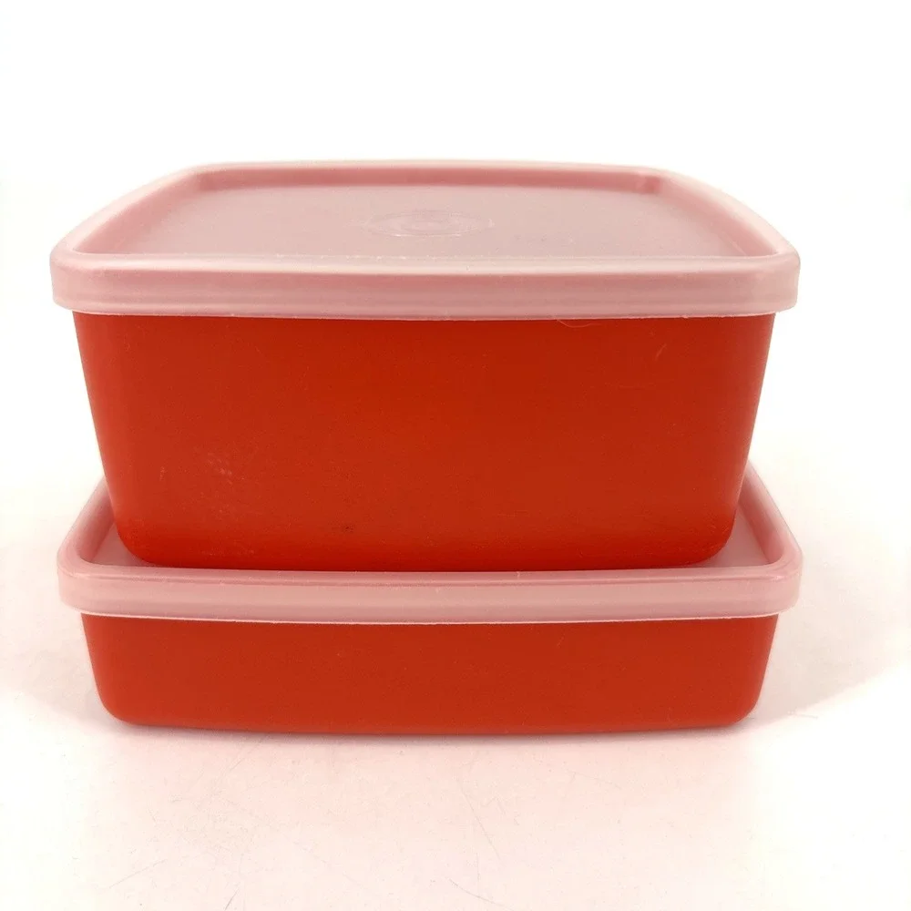 Lot of 2 Vintage Tupperware Red Orange Storage Containers 311-78 & 670-32 Square